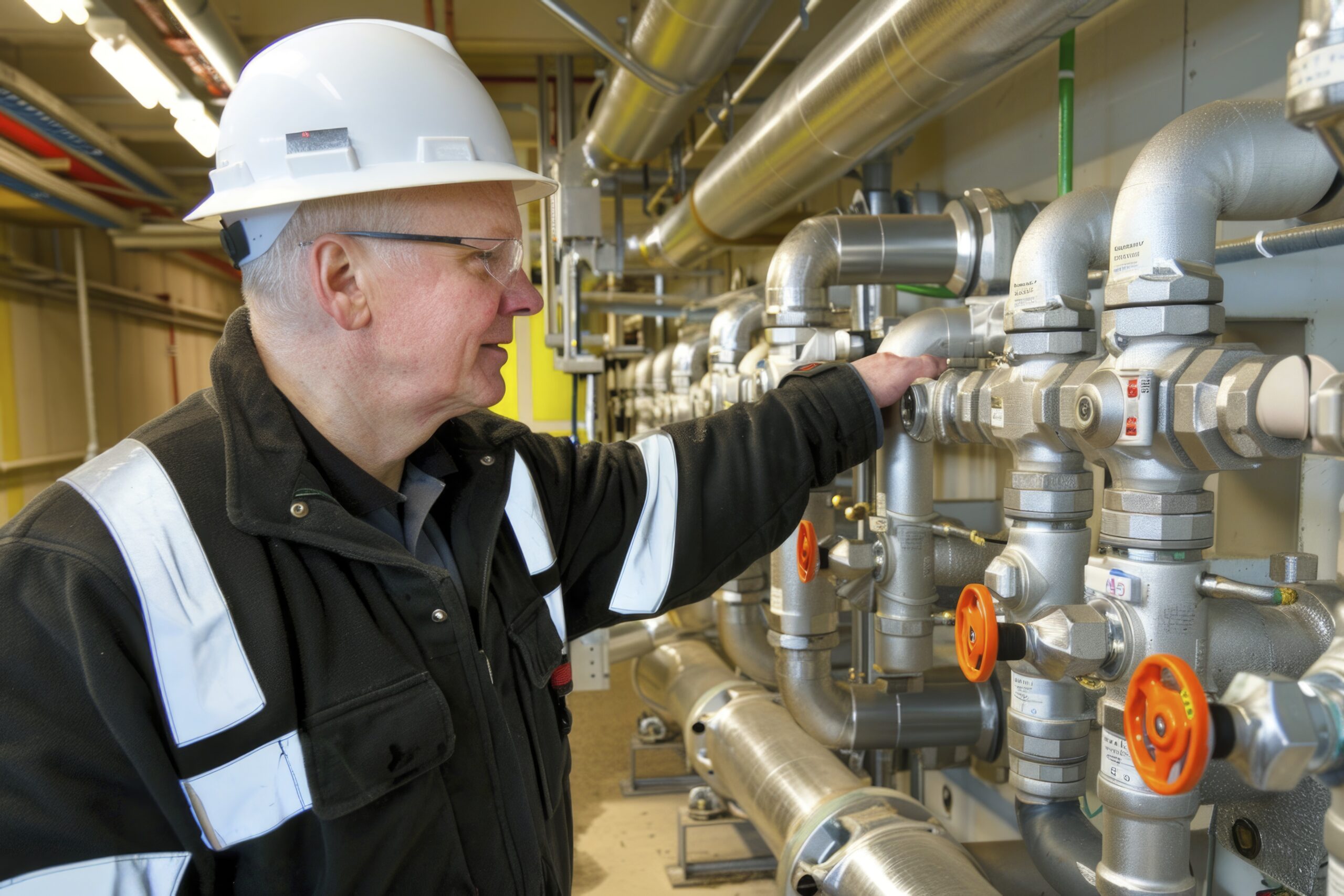 Senior Fire Protection Technician Examining Industrial Fire System