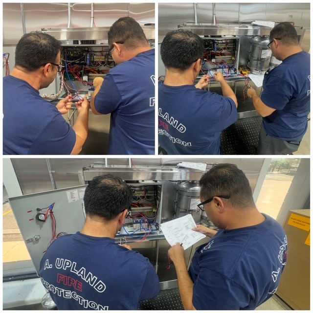 Technicians Inspecting and Adjusting Fire Pump Control Panel Indoors